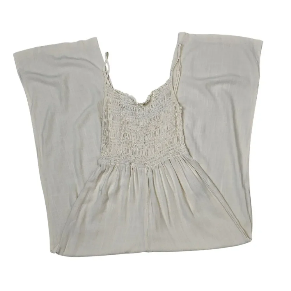 H&M Women's S Ivory Linen Blend Summer Smocked Romper Jumpsuit